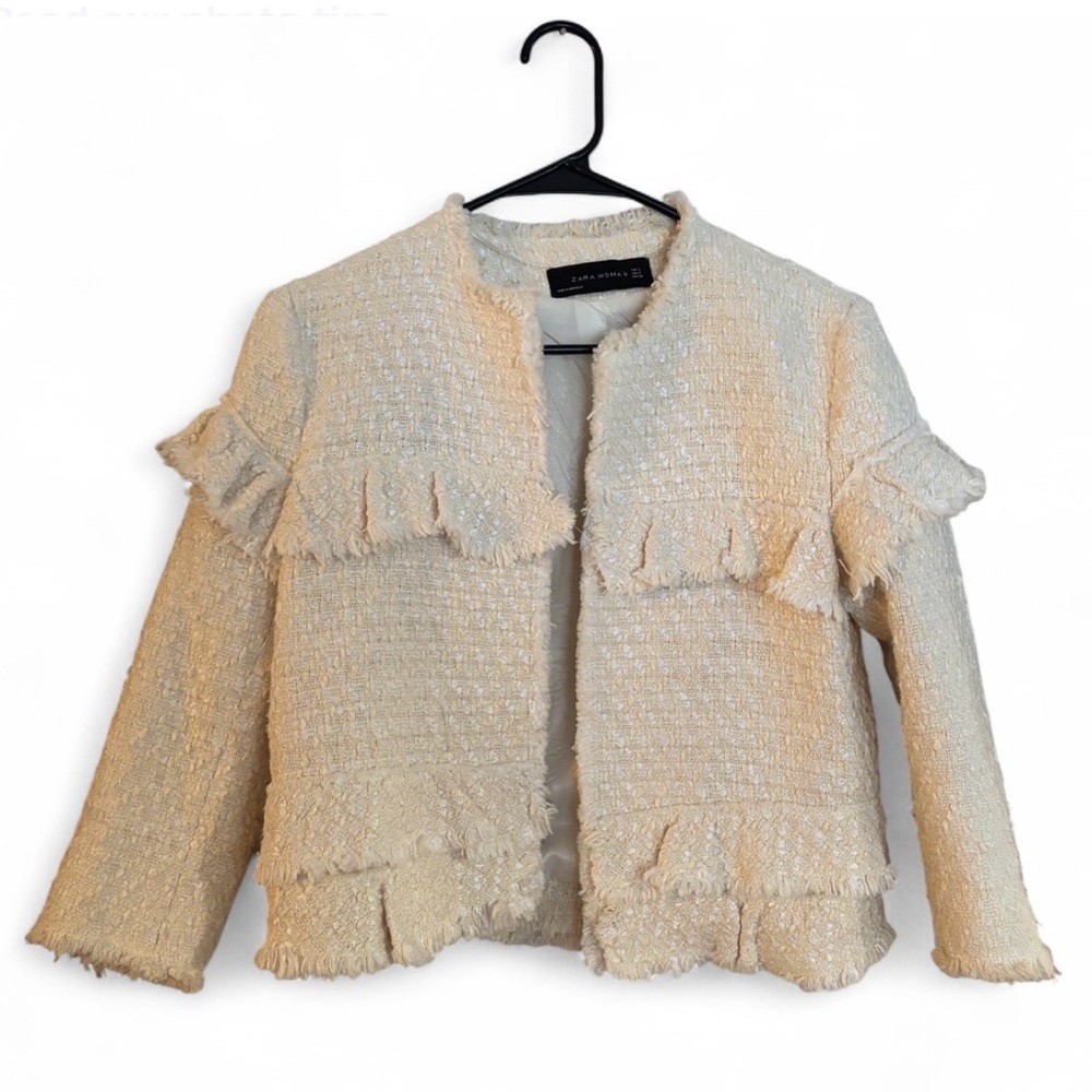 Zara | Ruffle Tweed Cropped Jacket Cream Size Small